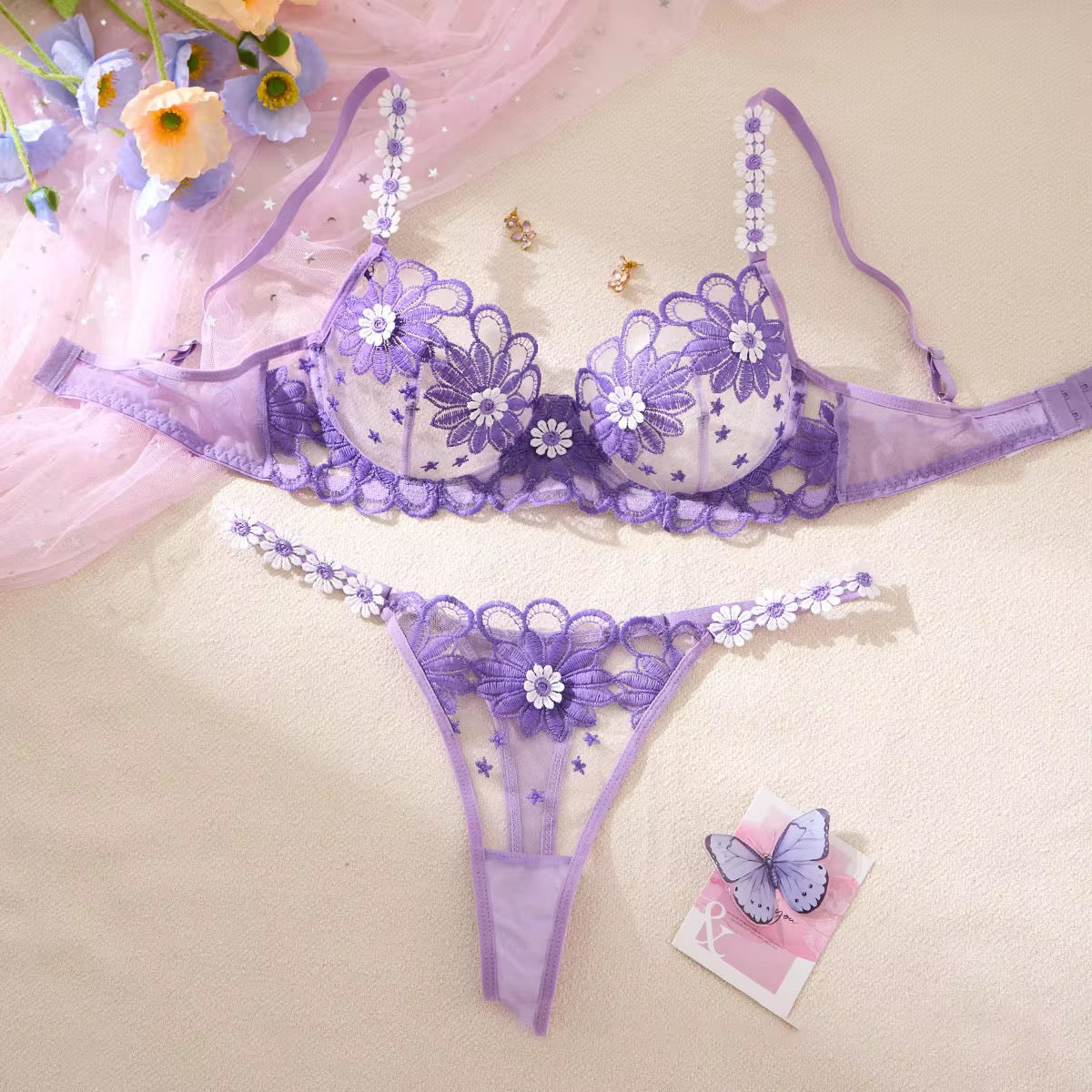 Tranparent UltraThin Floral Emroidery Bra Set