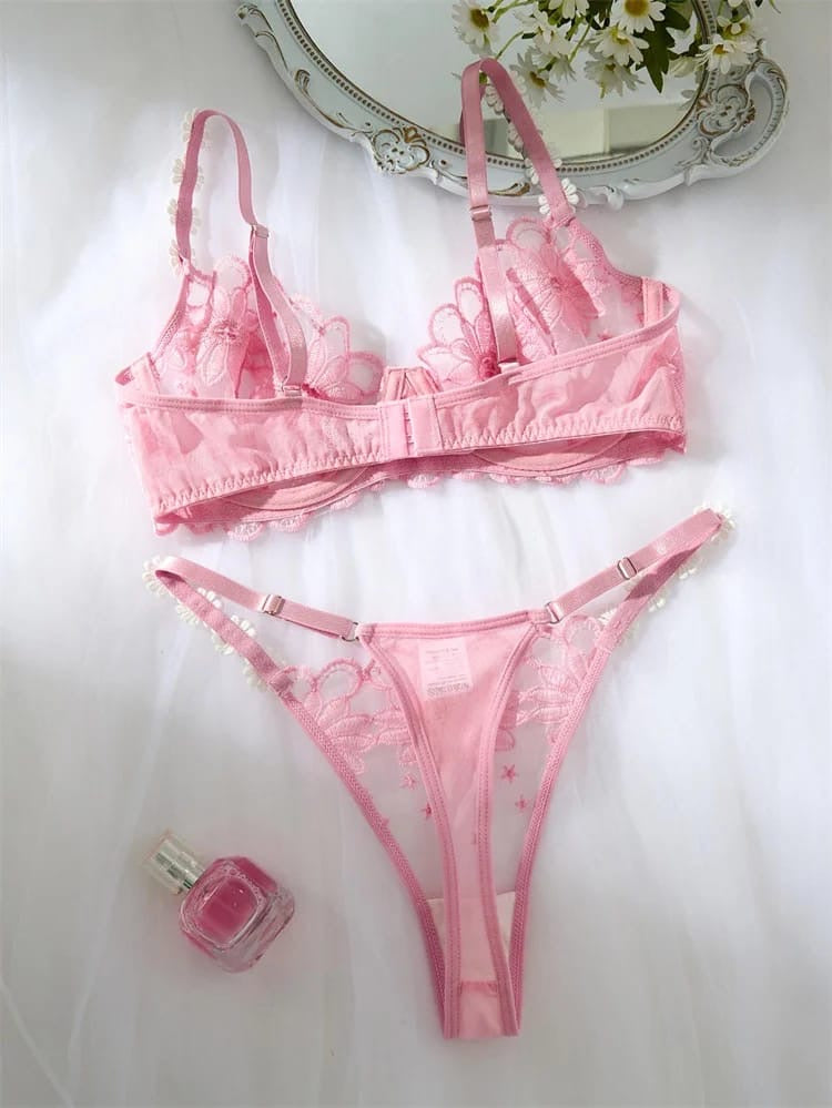 Tranparent UltraThin Floral Emroidery Bra Set