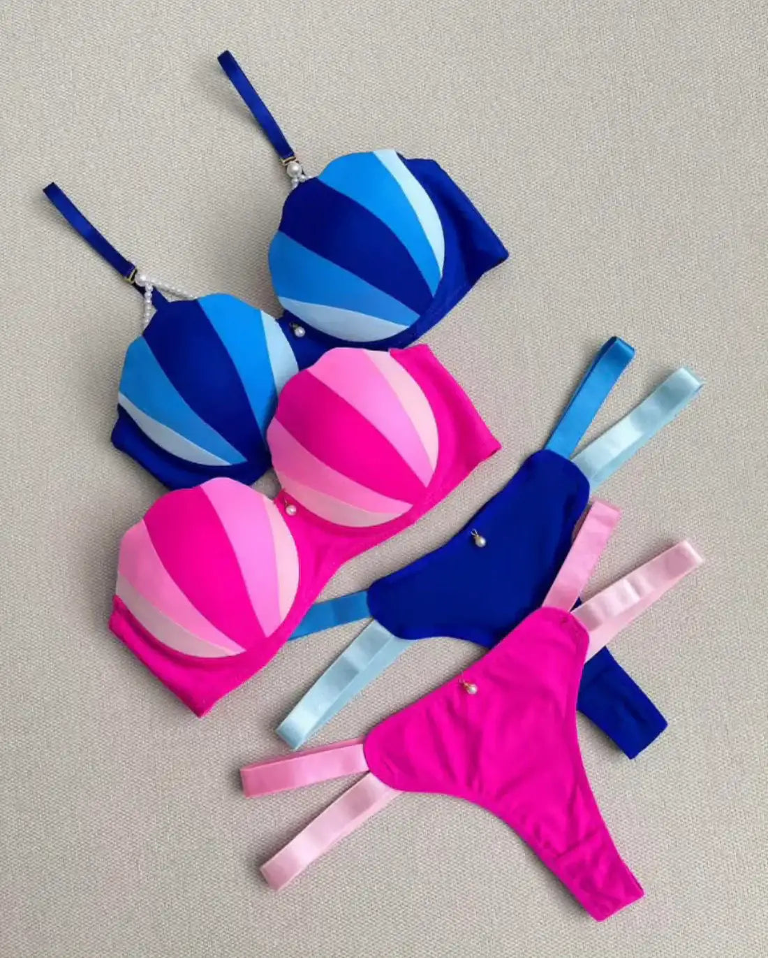 Intimate Fuchsia Striped Bra & Panty Set - Pearl Strap Lingerie